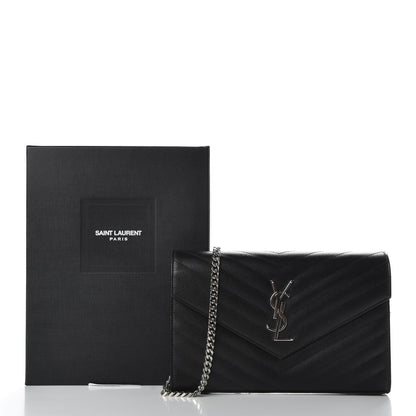 Saint Laurent Grain De Poudre Matelasse Chevron Monogram Chain Wallet Black 9 of 9