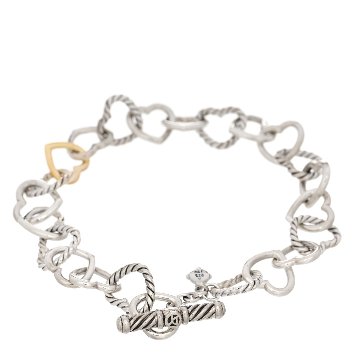 David Yurman Sterling Silver 18K Yellow Gold Cable Heart Link Bracelet 2 of 3