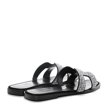 Hermes Velvet Goatskin Crystal Beads Oran Sandals 38 Gris Argente Black 4 of 12