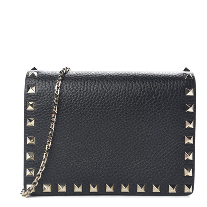 Valentino Garavani Pebbled Calfskin Rockstud Wallet on Chain Black 1 of 9