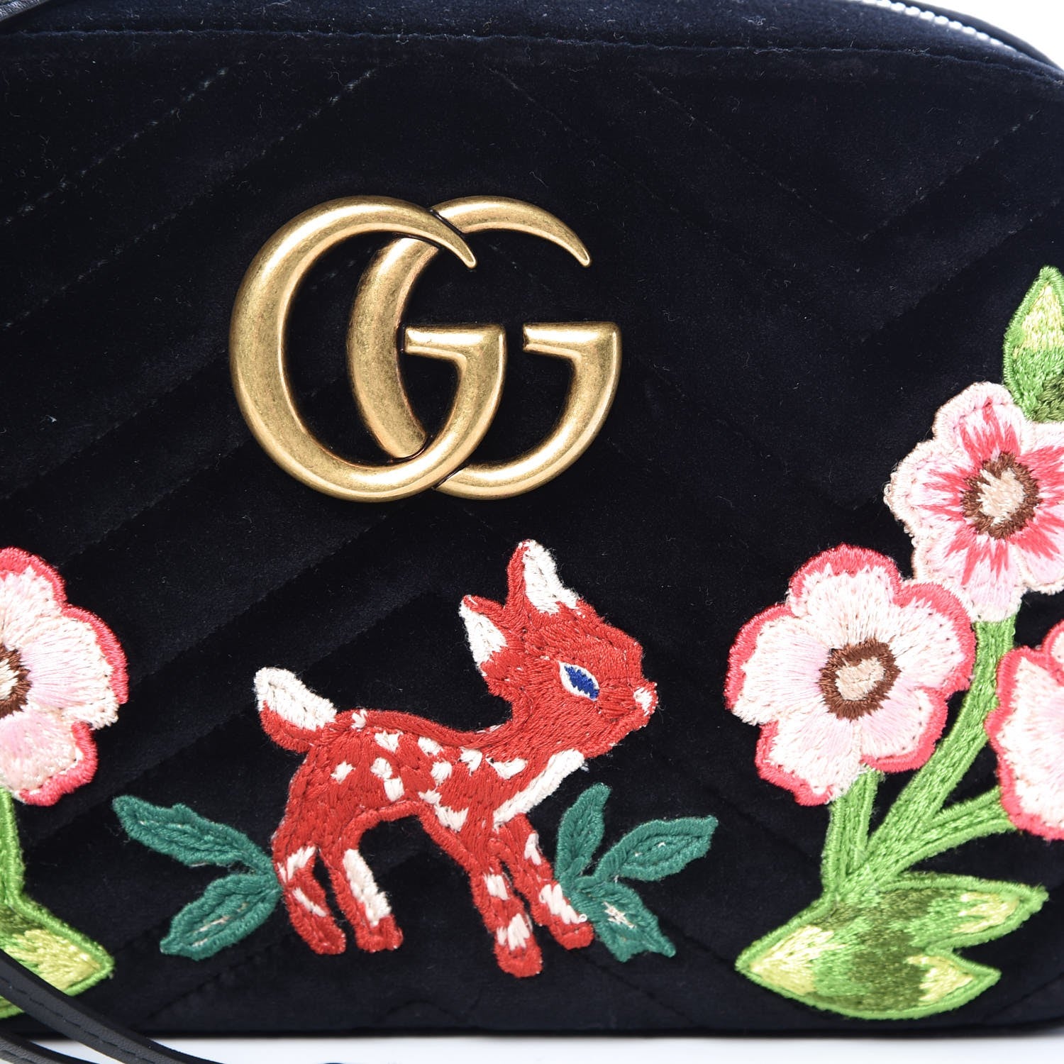 Gucci Velvet Matelasse Deer Embroidered Small GG Marmont Chain Shoulder Bag Black 8 of 8