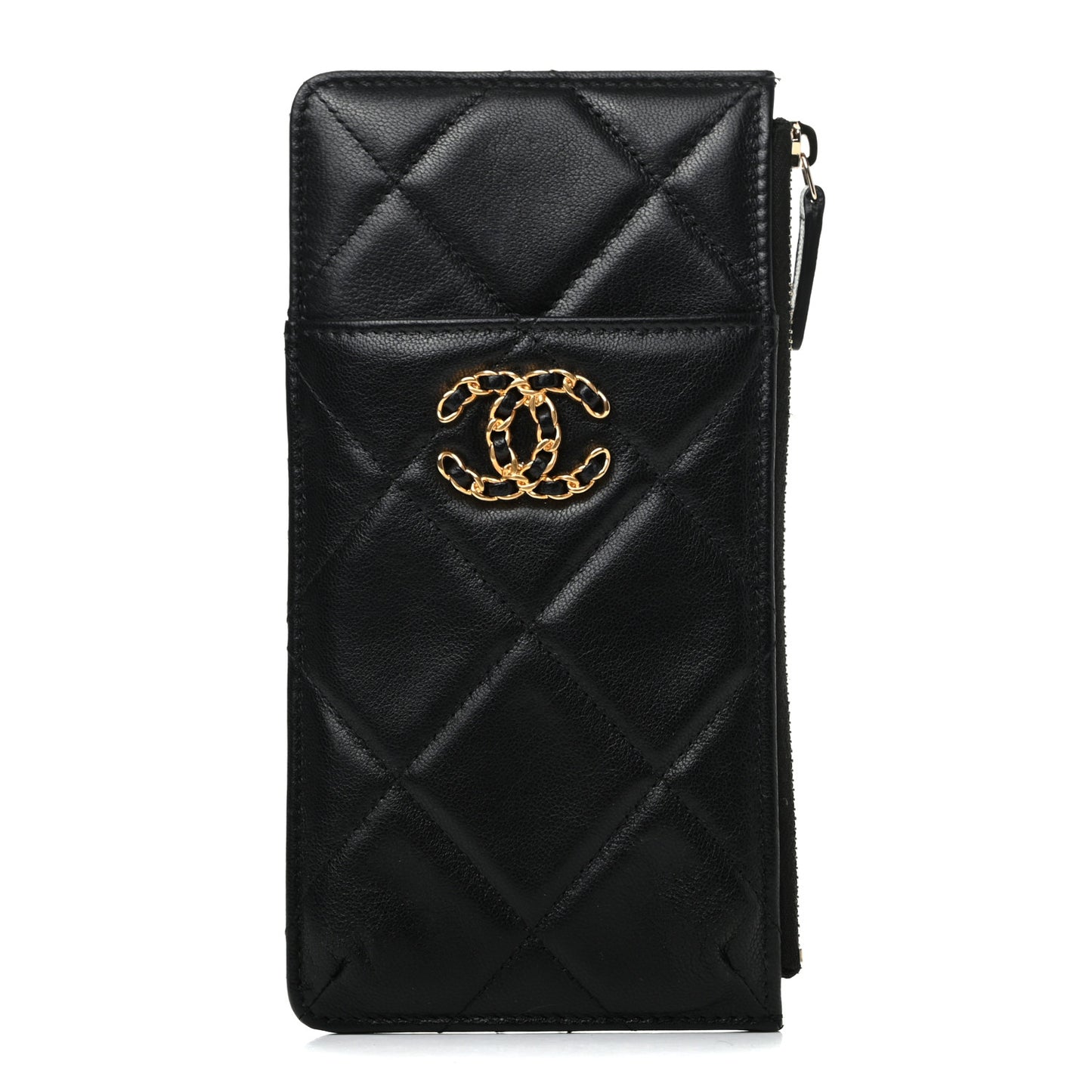 Goatskin Quilted Chanel 19 Phone and Card Holder Black