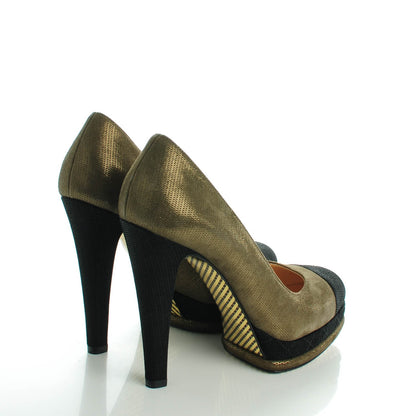 Chanel Metallic Fabric CC Cap Toe Pumps 38.5 Khaki Black 4 of 8