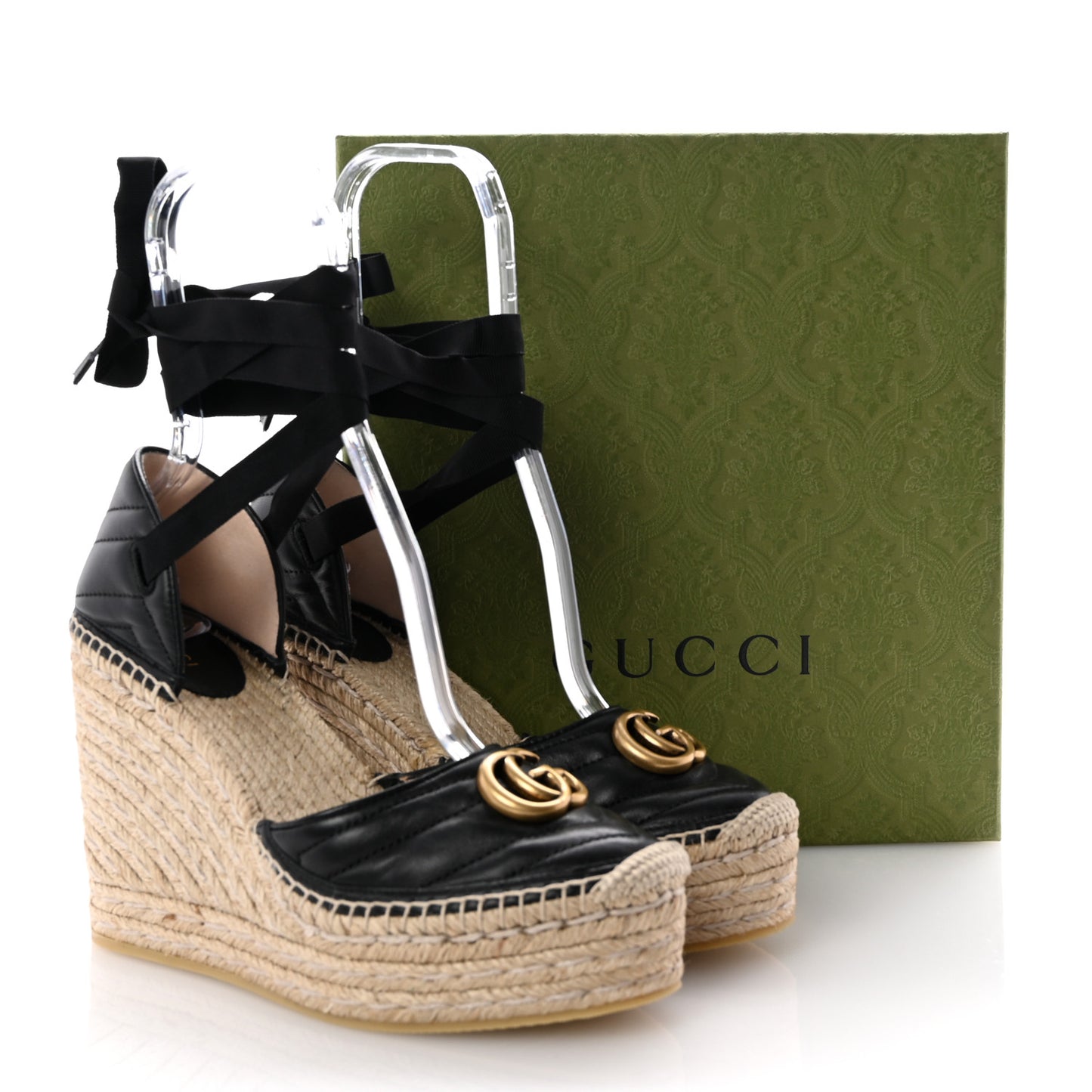 Nappa Matelasse GG Marmont Ankle Wrap Platform 35/120mm Espadrille Wedges 40.5 Black