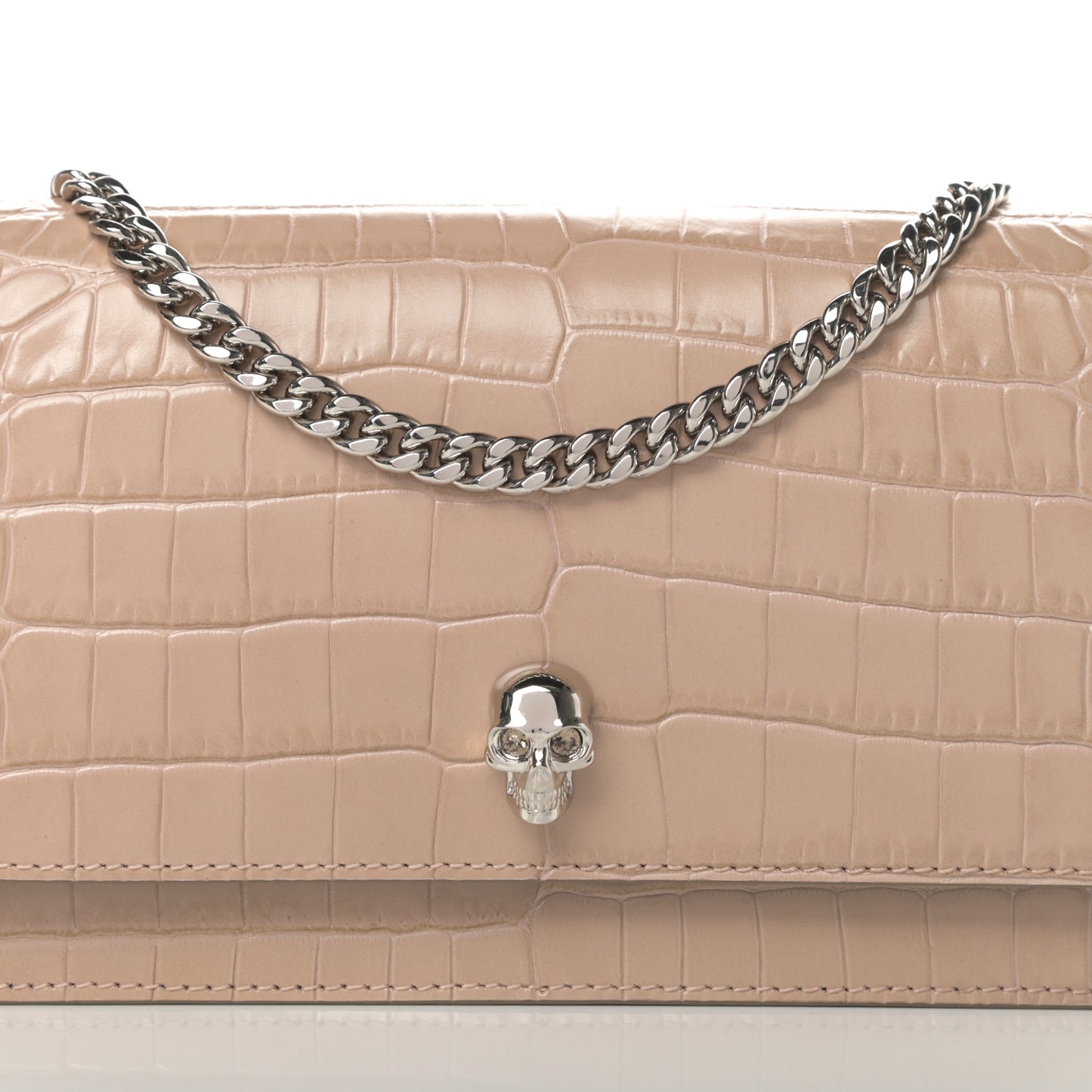 Calfskin Crocodile Embossed Skull Mini Crossbody Bag Beige