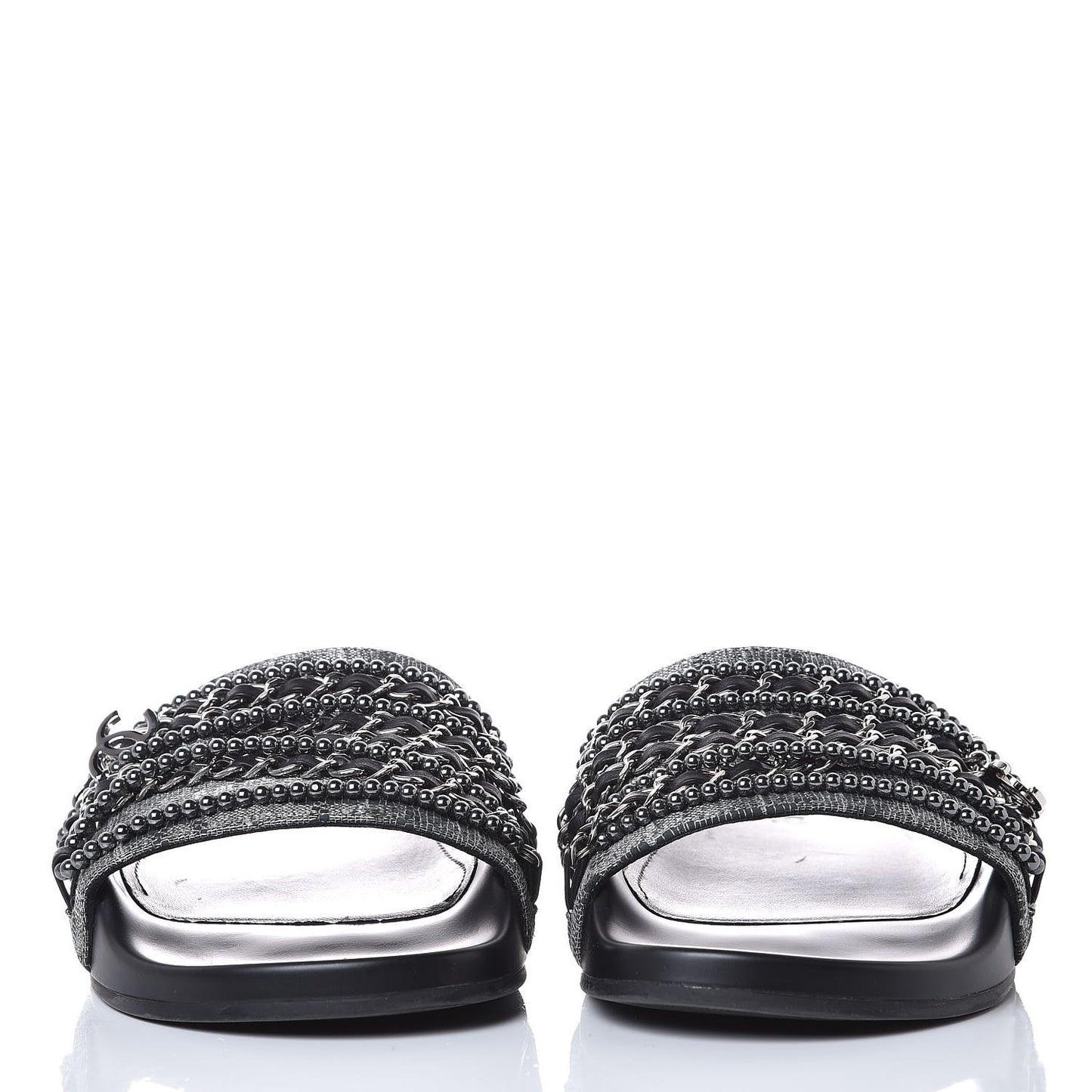 Fantasy Lambskin Pearl Chain Flat Sandals 38 Silver Black