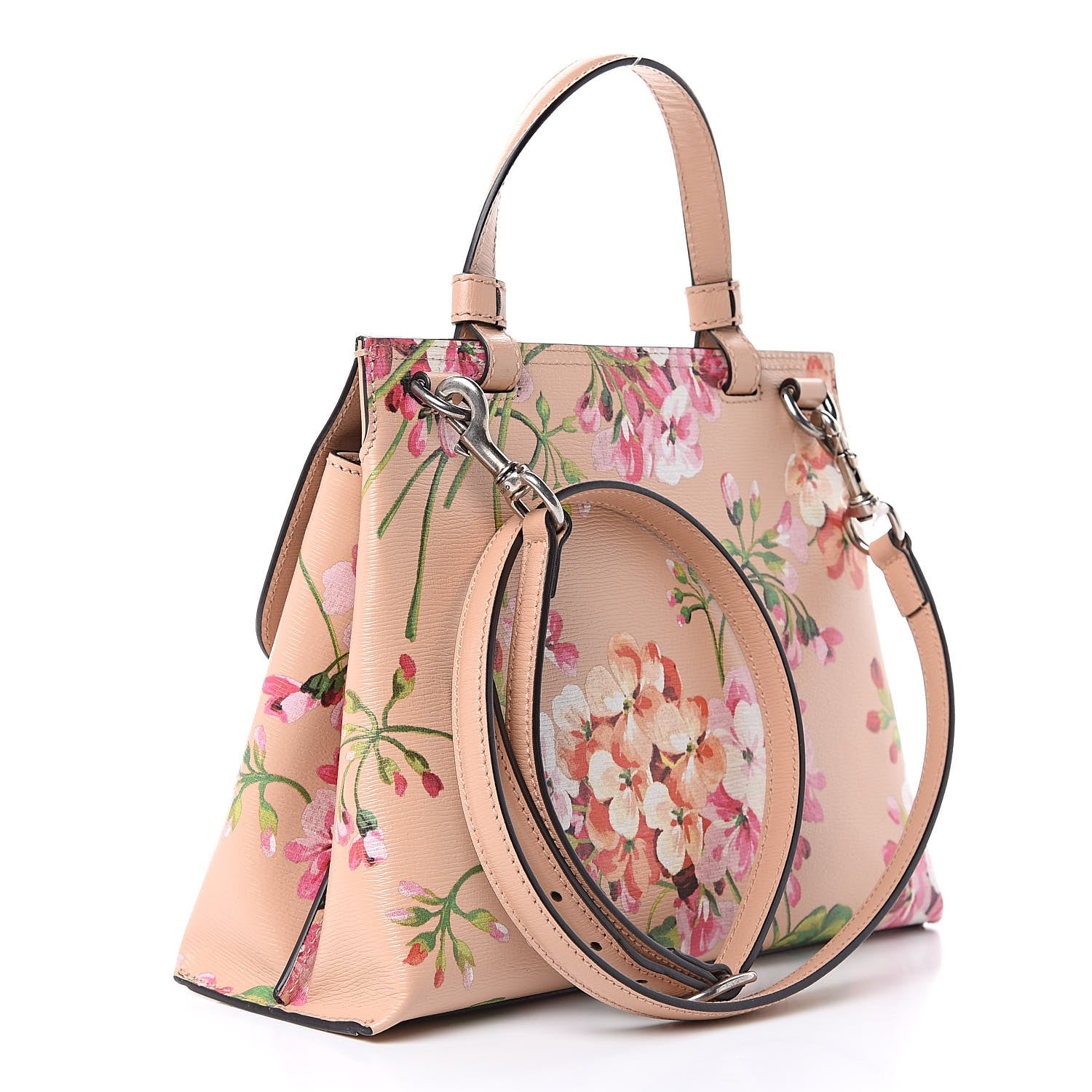 Gucci Shangai Calfskin Blooms Print Small Bamboo Daily Top Handle Bag Pink Apricot Multicolor 3 of 9