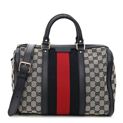 Gucci Monogram Selleria Calfskin Vintage Web Medium Boston Beige Blue 1 of 9