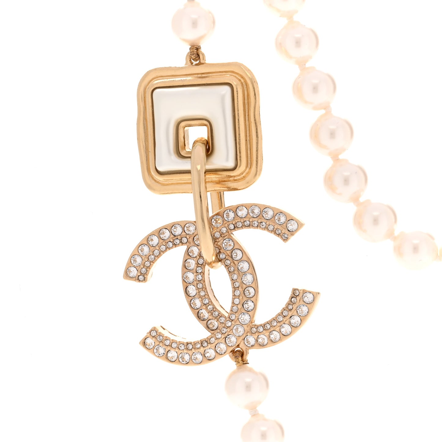 Pearl Crystal CC Square Long Necklace Gold Pearly White