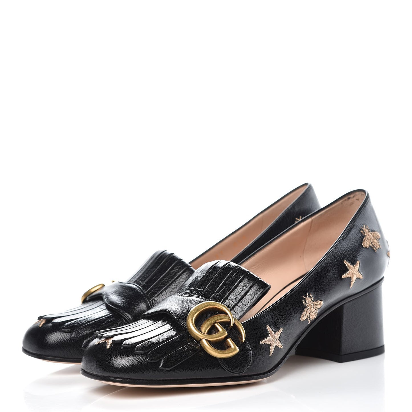 Quentin Goatskin Bee Star Embroidered GG Marmont Fringe 50mm Loafer Pumps 37 Black