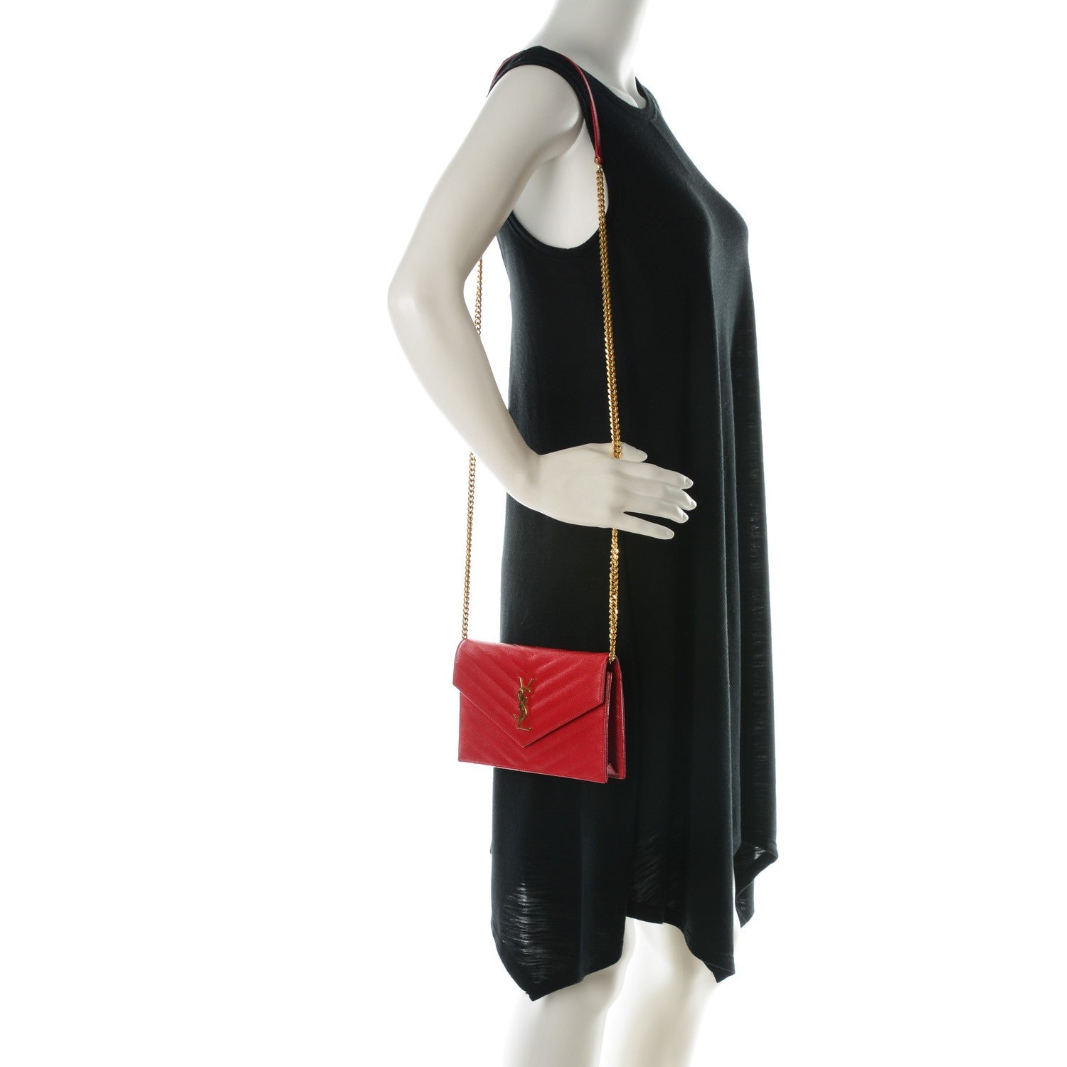 Saint Laurent Grain De Poudre Matelasse Chevron Monogram Envelope Chain Wallet New Red 2 of 7
