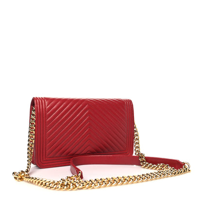 Chanel Lambskin Chevron Quilted Boy Wallet On Chain WOC Red 3 of 13