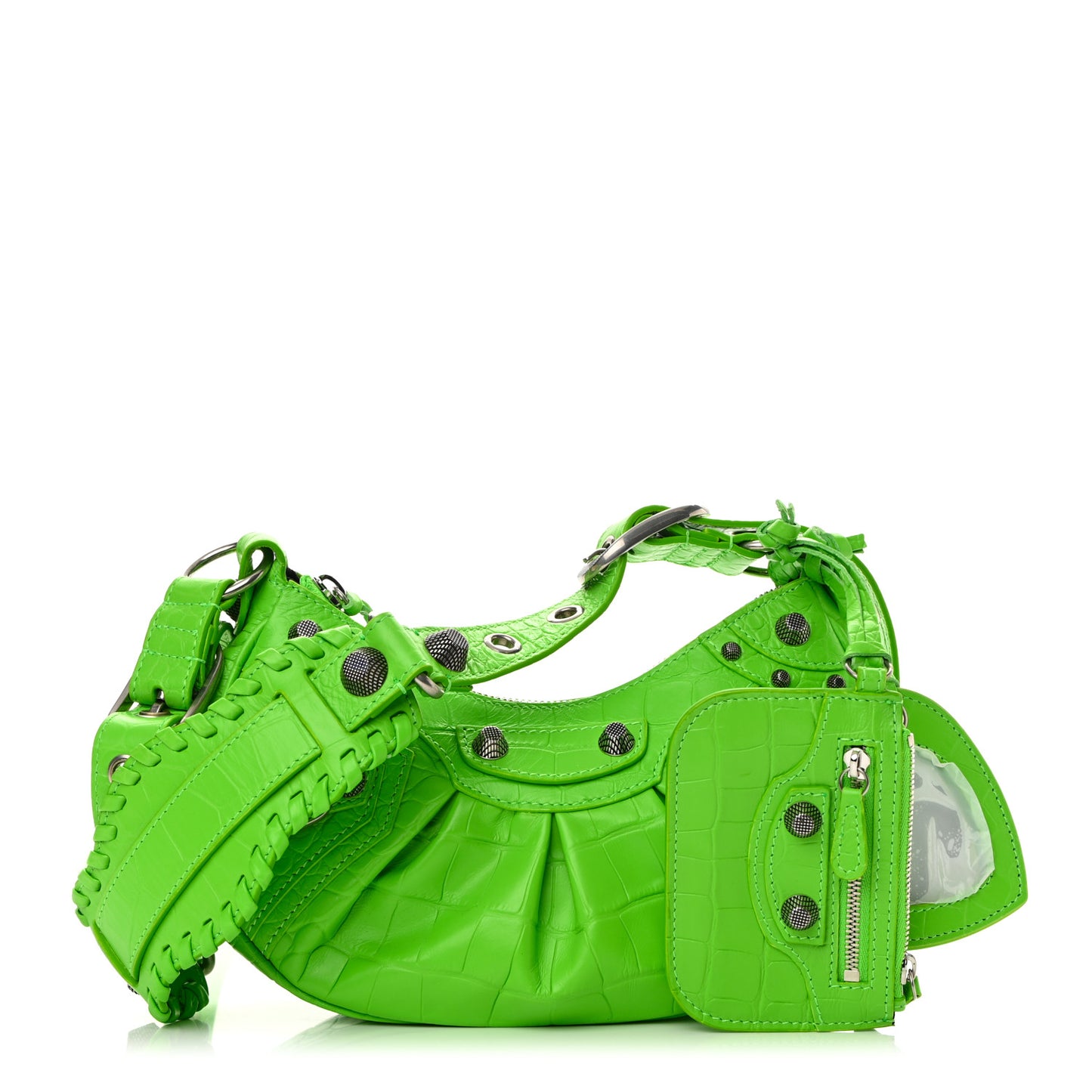 Extra Supple Calfskin Crocodile Embossed Le Cagole Shoulder Bag XS Acid Green