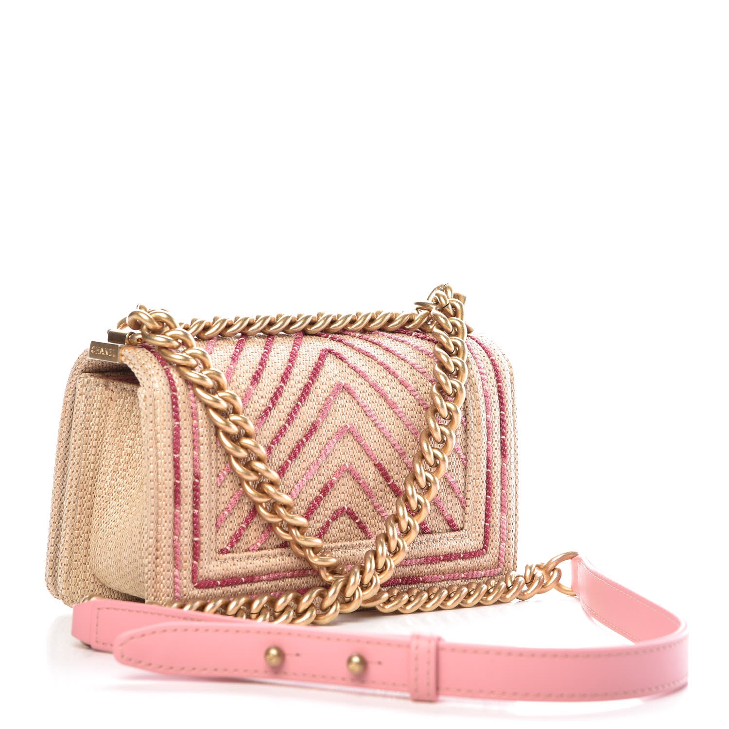 Chanel Cotton Canvas Calfskin Chevron Embroidered Small Boy Flap Beige Pink 3 of 9