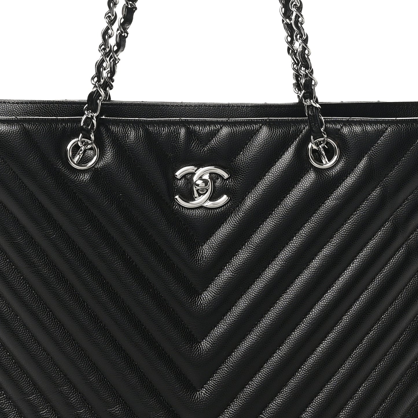 Caviar Chevron Quilted Large Shopping Tote Black