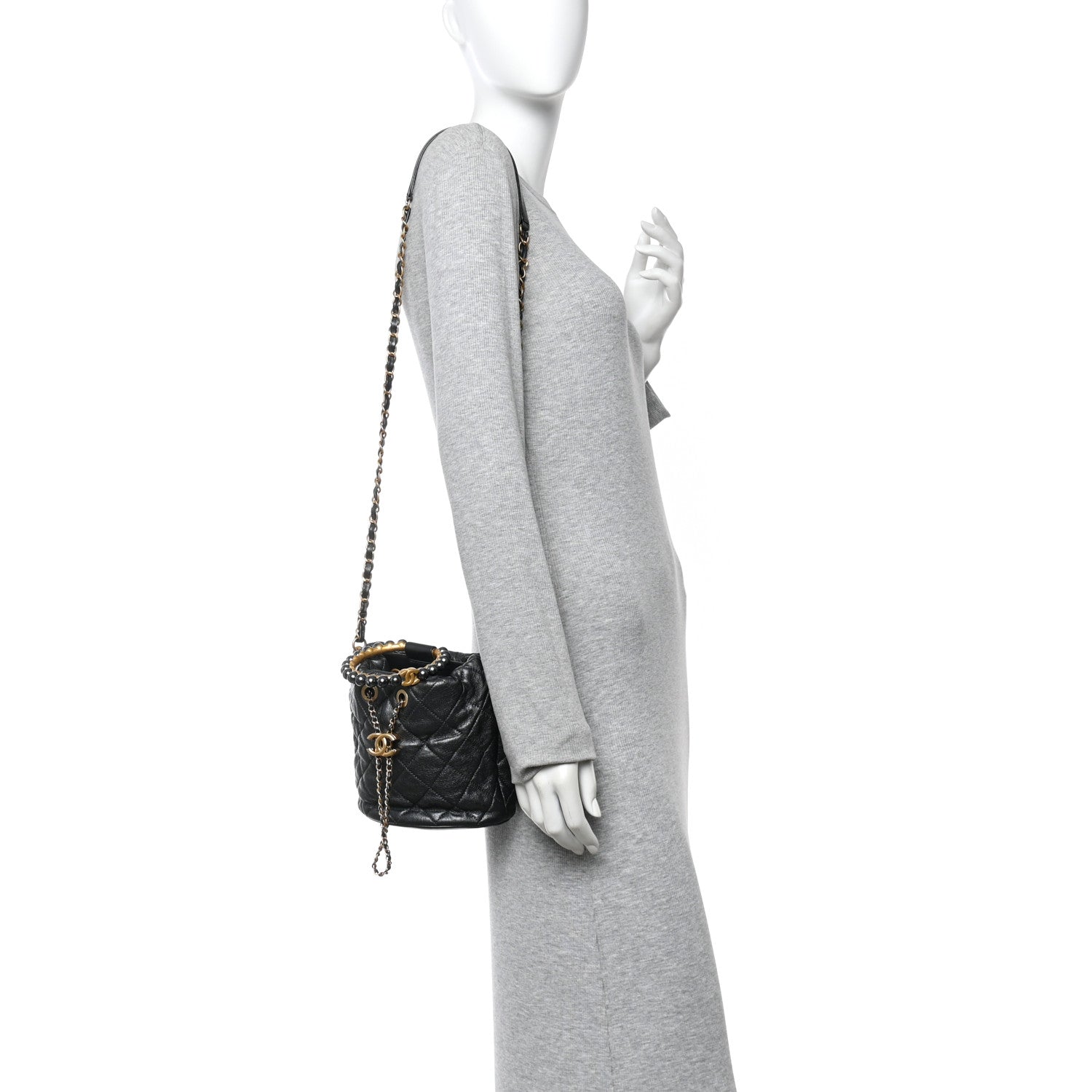 Chanel Metallic Lambskin Quilted Pearl Crown Drawstring Bag Anthracite 2 of 11