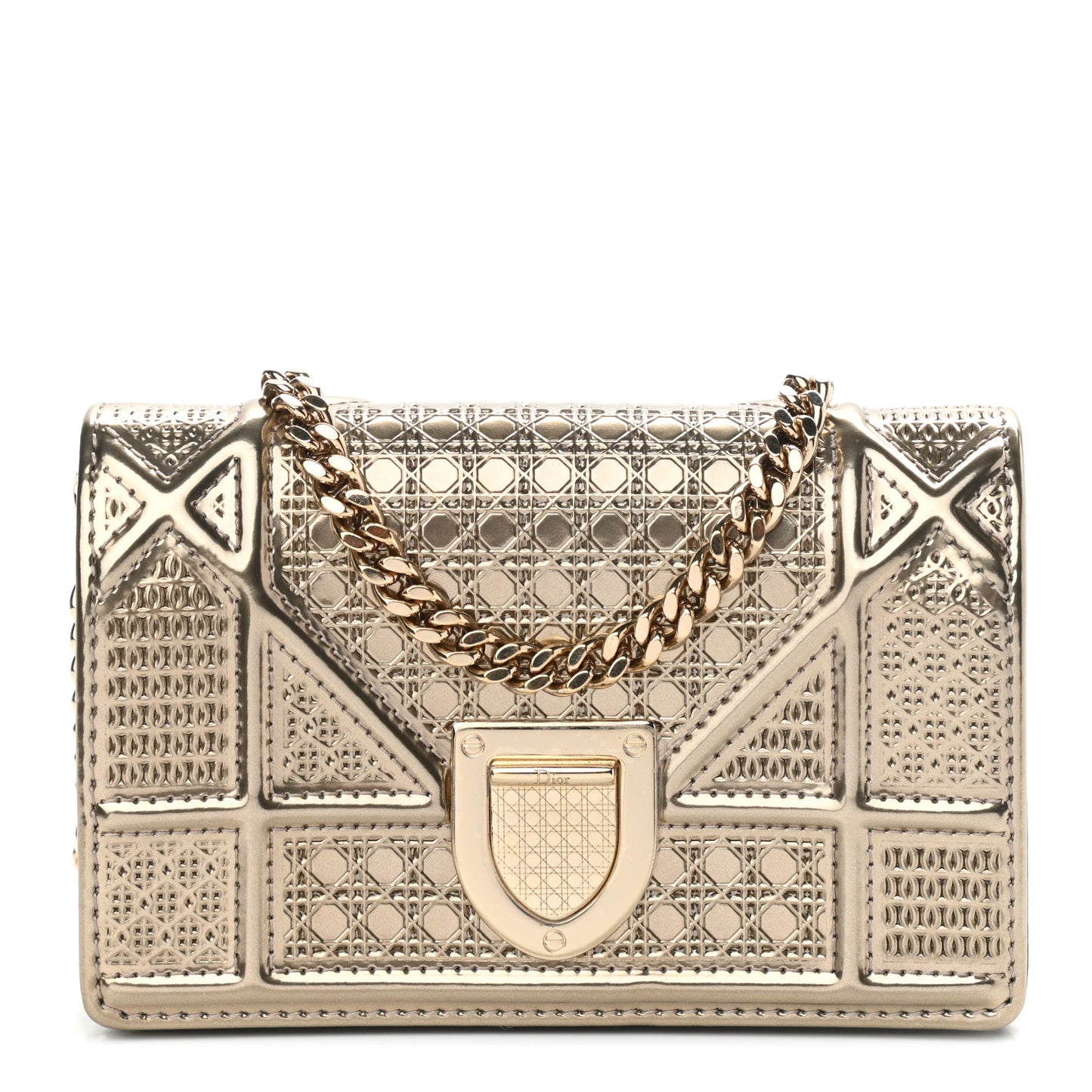 Metallic Patent Micro-Cannage Baby Diorama Flap Bag Gold