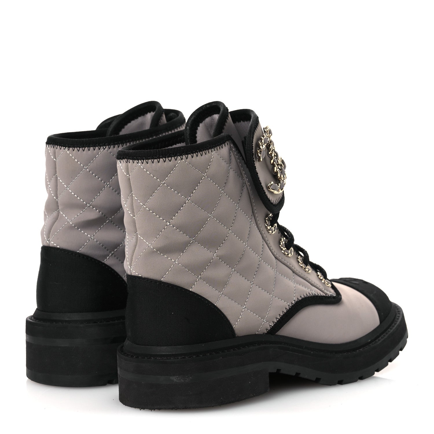 Chanel Fabric Grosgrain Quilted Cap Toe Lace Up Combat Boots 36.5 Gray 5 of 12