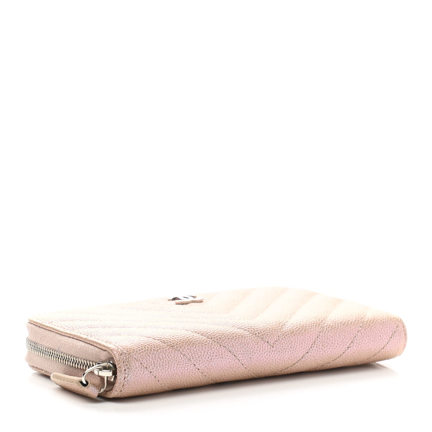 Iridescent Caviar Chevron Quilted Medium Zip Around Wallet Light Gold