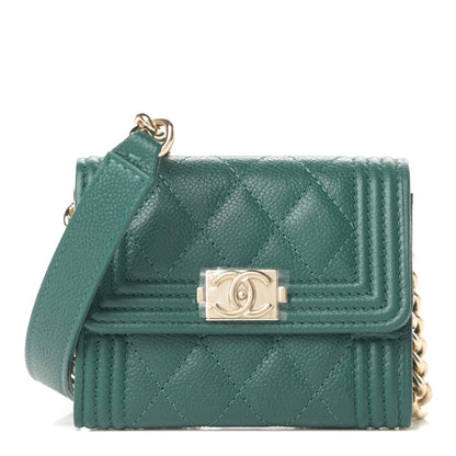 Chanel Caviar Quilted Boy Card Holder On Chain Green 1 of 12
