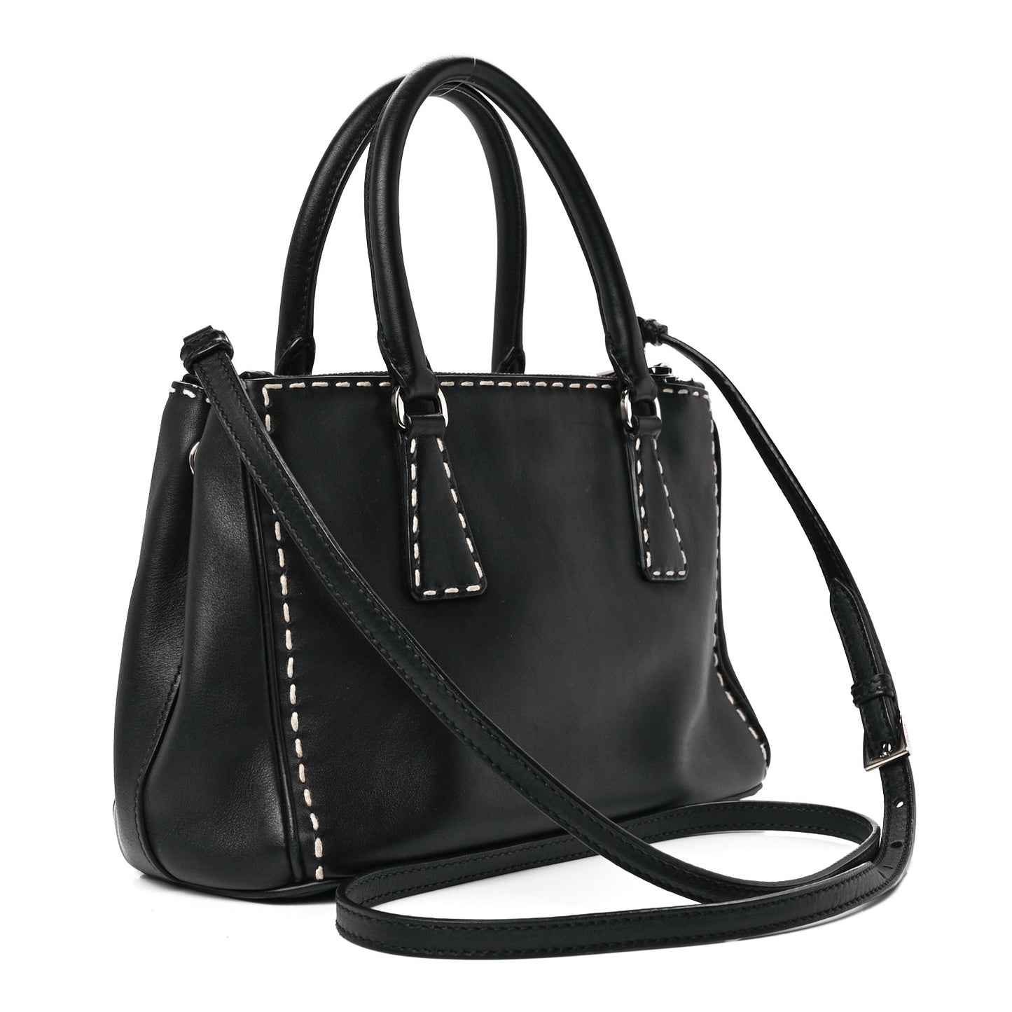 City Calf Mini Hand Stitched Galleria Double Zip Tote Black