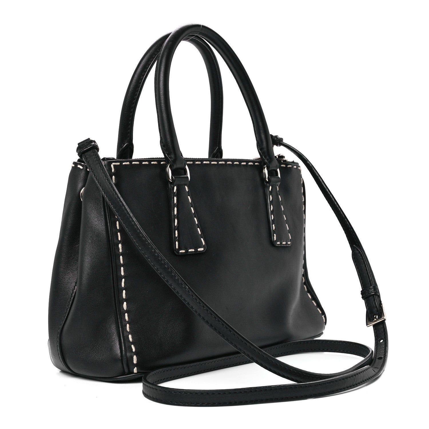 Prada City Calf Mini Hand Stitched Galleria Double Zip Tote Black 3 of 11