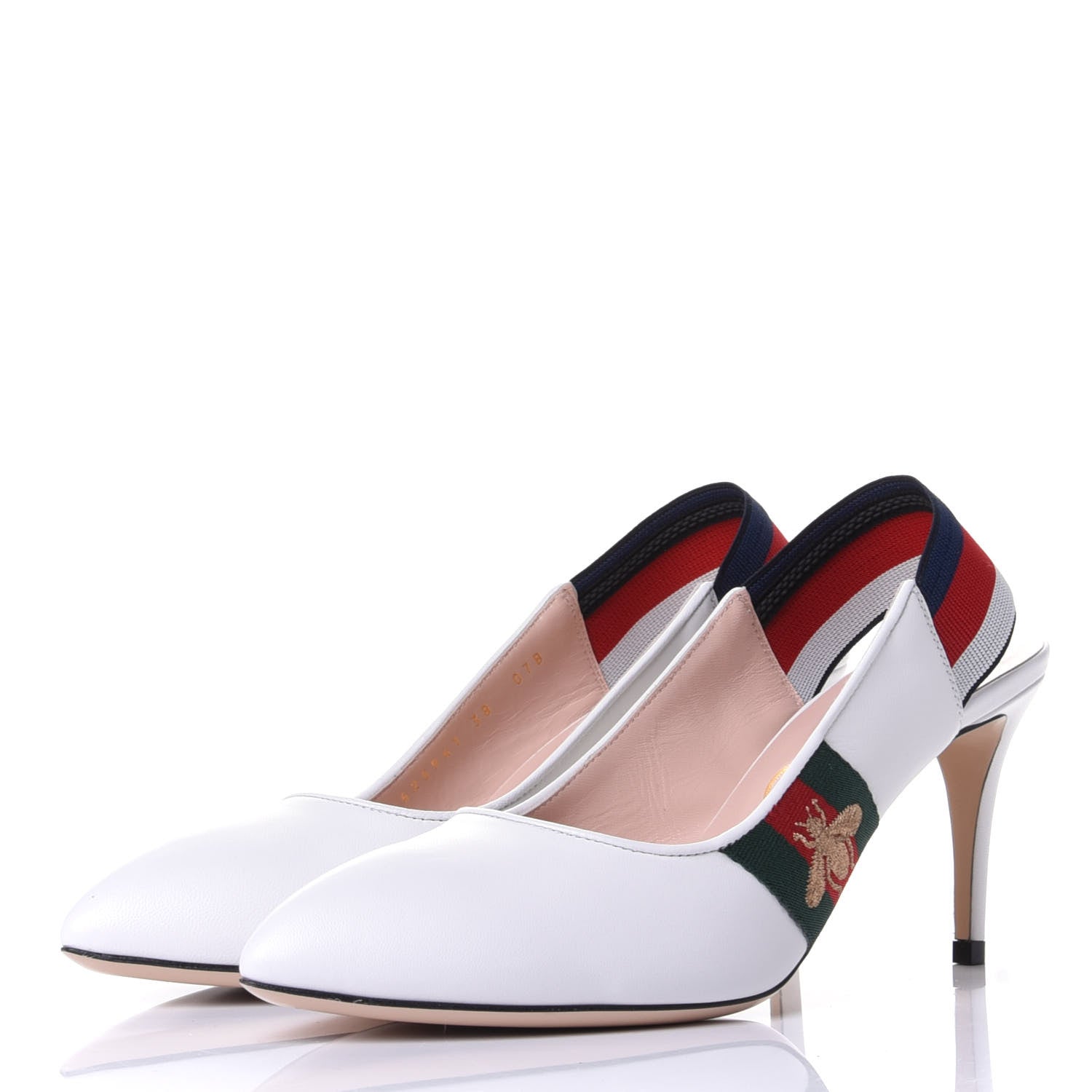 Gucci Malaga Kid Web Sylvie Mid Heel Slingback Pumps 38 White 3 of 11