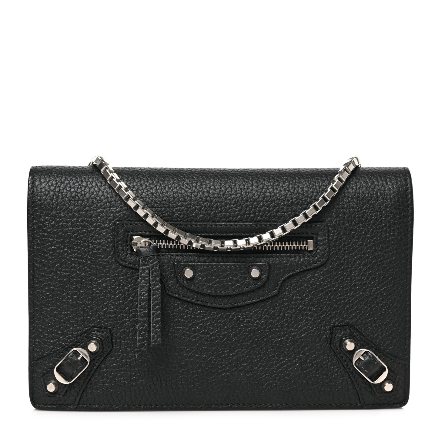 Grained Calfskin Classic Silver Hardware Wallet on Chain Black