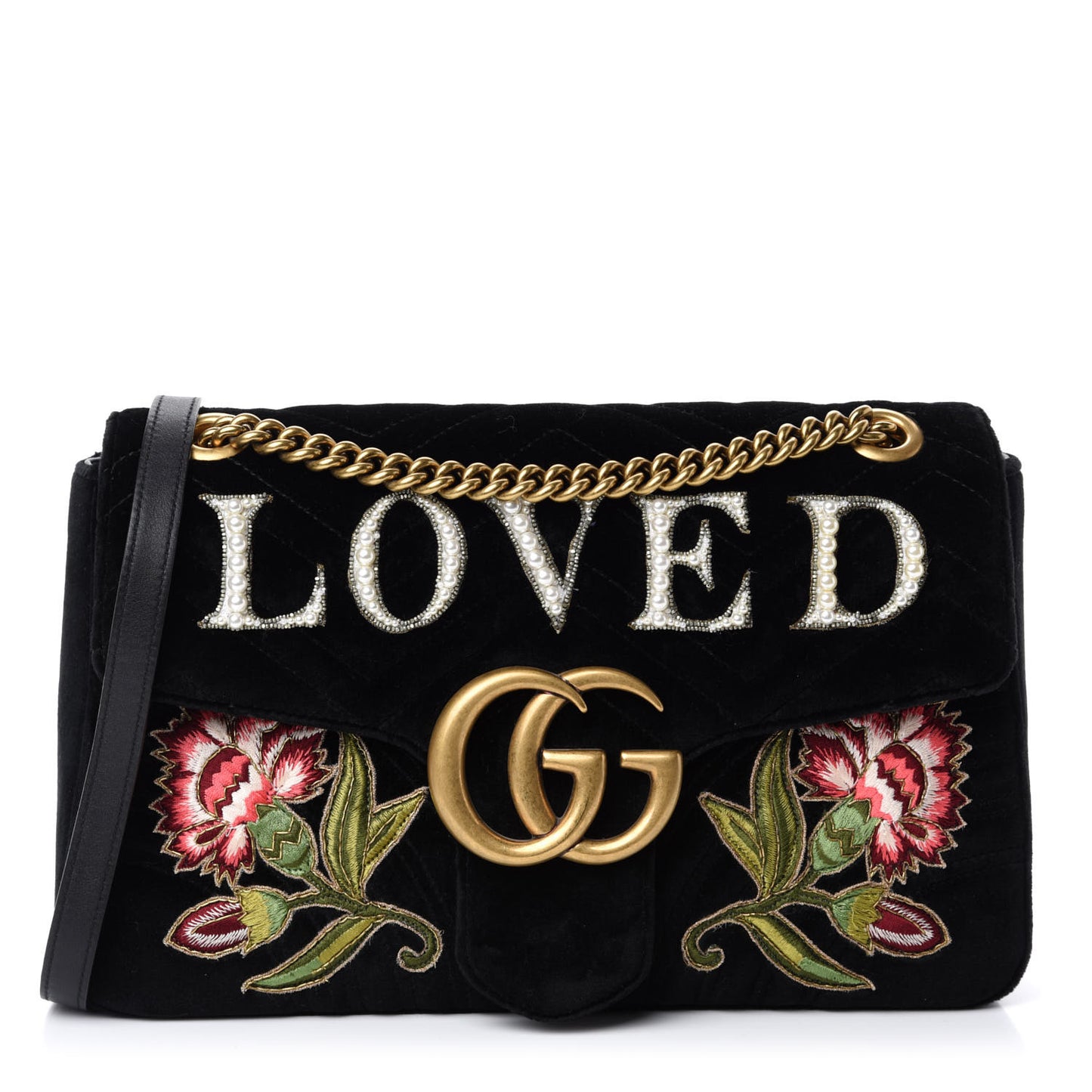Velvet Matelasse Loved Embroidered Medium GG Marmont Shoulder Bag Black