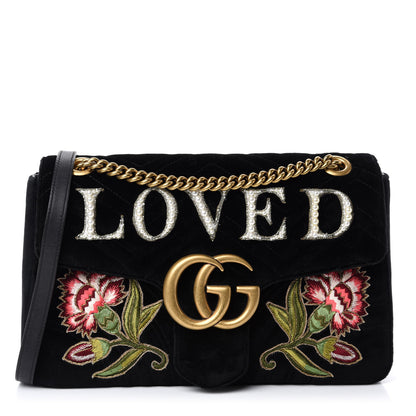 Gucci Velvet Matelasse Loved Embroidered Medium GG Marmont Shoulder Bag Black 1 of 11