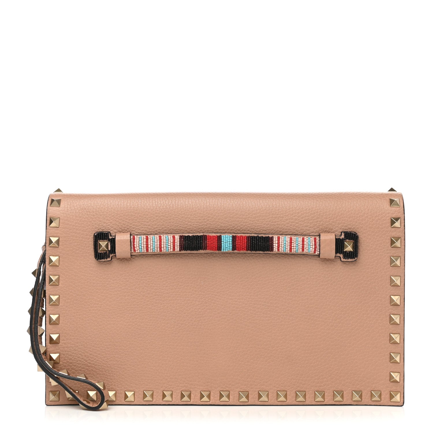 Valentino Garavani Pebbled Calfskin Beaded Rockstud Wristlet Clutch Soft Noisette 1 of 10