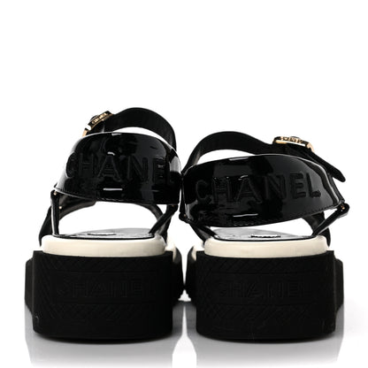 Chanel Lambskin Logo Platform Sandals 37 Black White 5 of 10