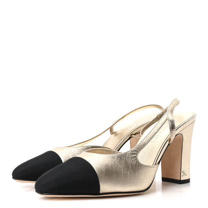 Chanel Laminated Crumpled Lambskin Grosgrain Cap Toe CC Slingback Pumps 39.5 Gold Black 4 of 10