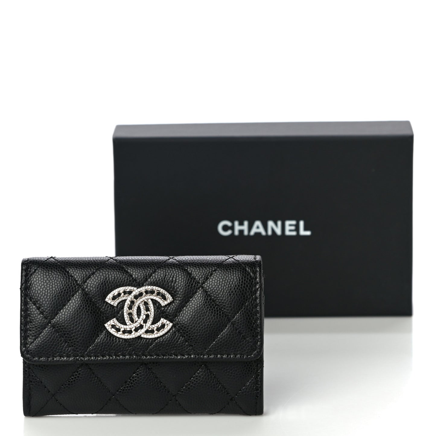 Caviar Quilted Crystal CC Flap Card Holder Black
