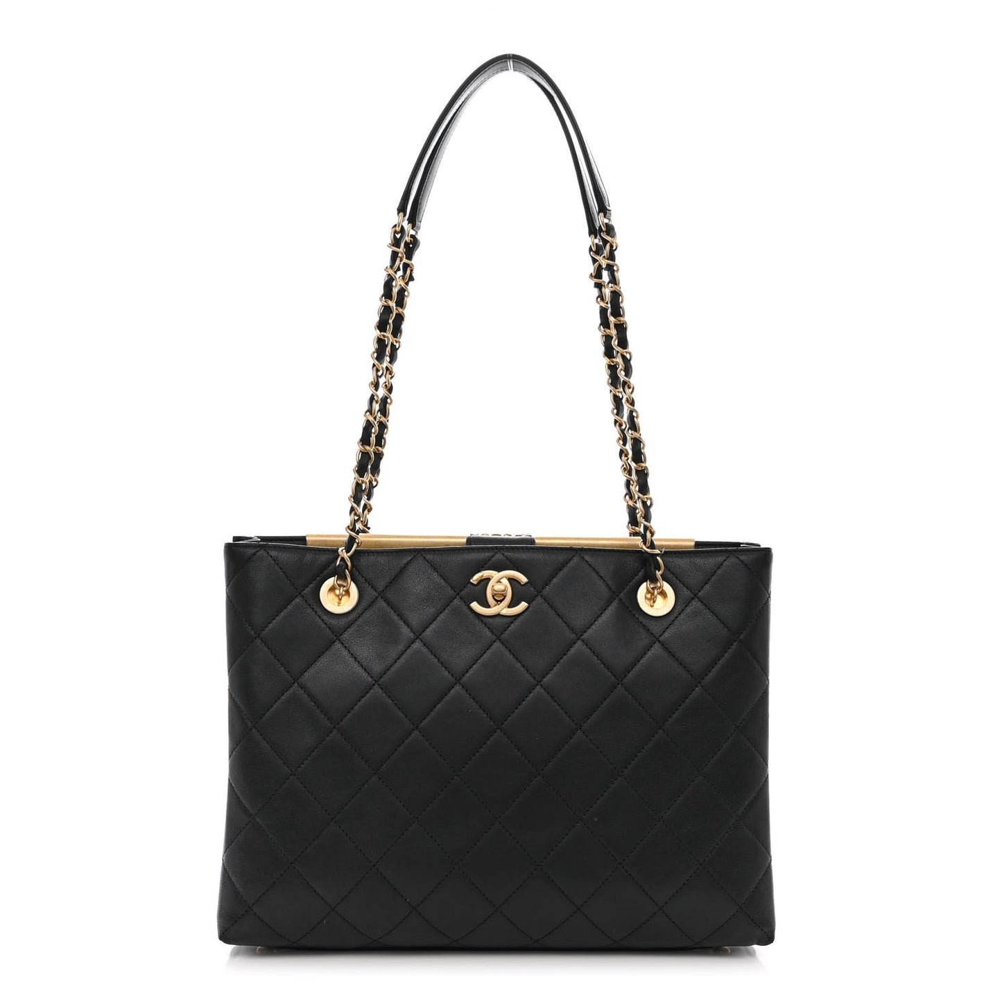 Lambskin Quilted Signature Plate Large Shopping Tote Black