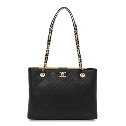 Chanel Lambskin Quilted Signature Plate Large Shopping Tote Black 1 of 11
