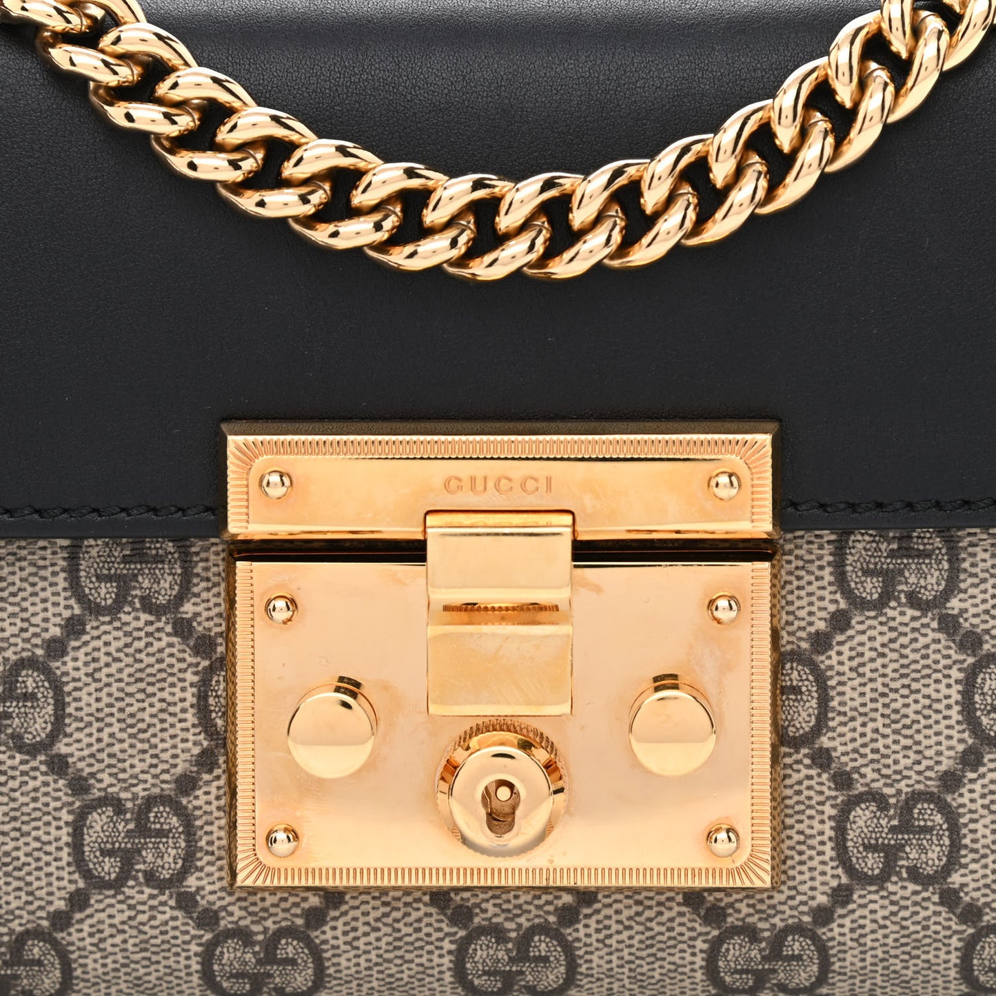 GG Supreme Monogram Calfskin Small Padlock Shoulder Bag Beige Black Cuir