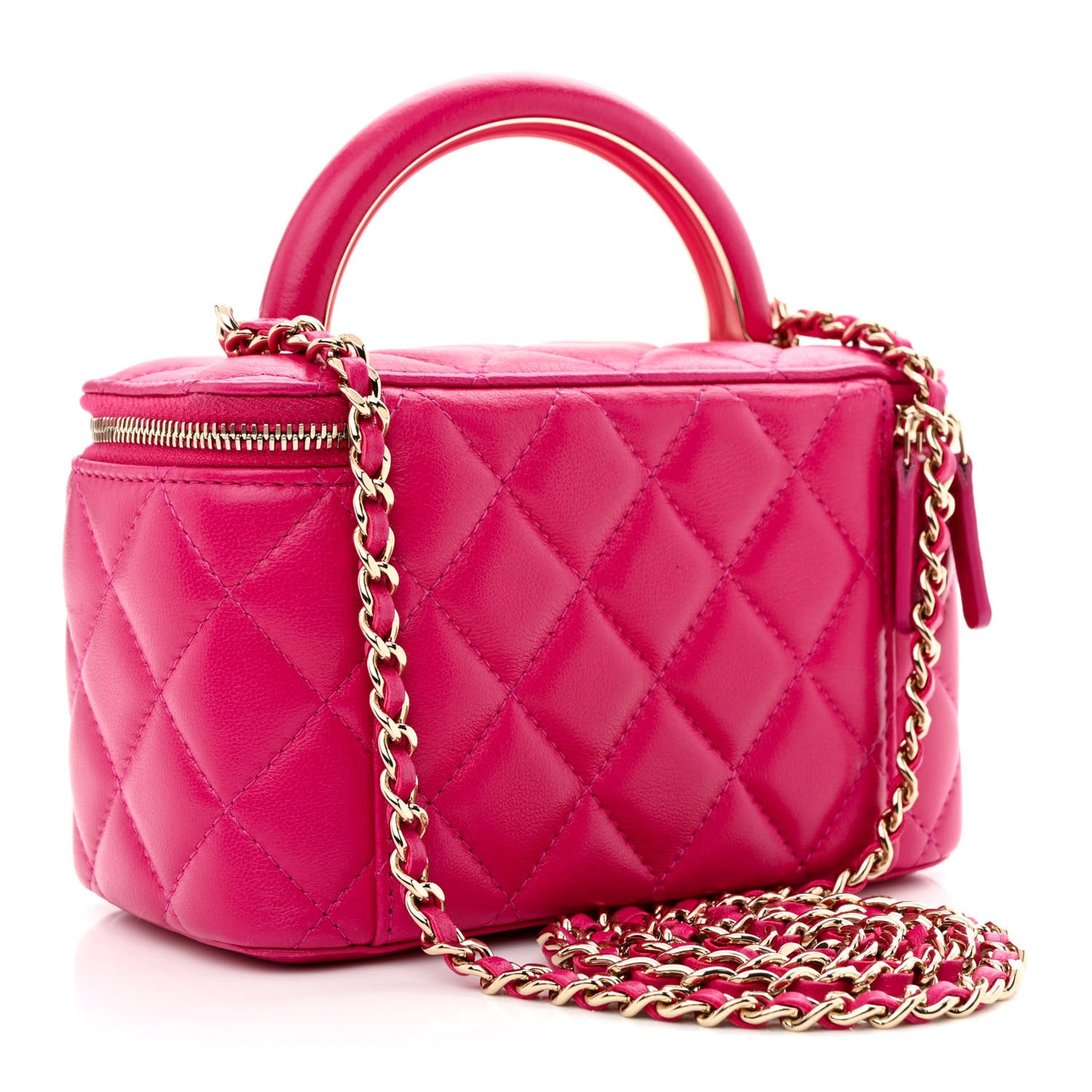 Lambskin Quilted Small Top Handle Vanity Case With Chain Dark Pink