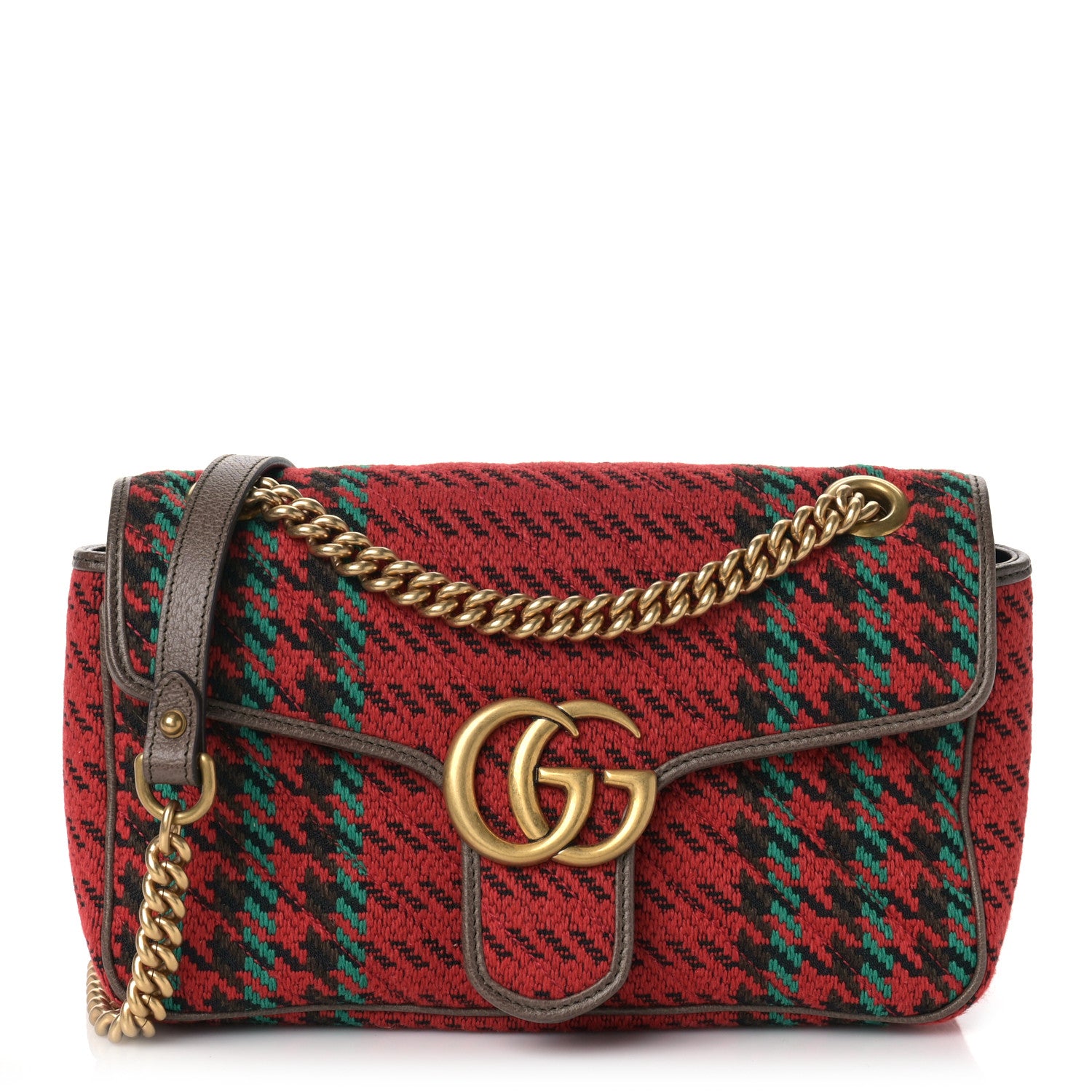 Gucci Wool Tweed Textured Dollar Calfskin Matelasse Diagonal Plaid Small GG Marmont Shoulder Bag Red Green Multicolor New Acero 1 of 8