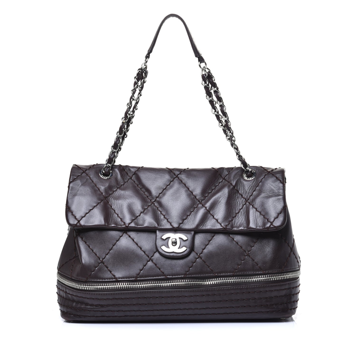 Calfskin Stitched Large Expandable Flap Bag Dark Brown
