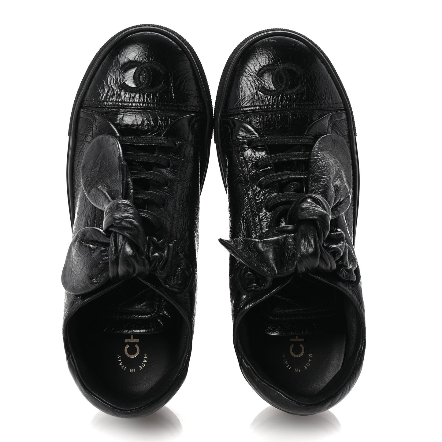 Crumpled Calfskin Womens CC Bow Sneakers 36.5 Black