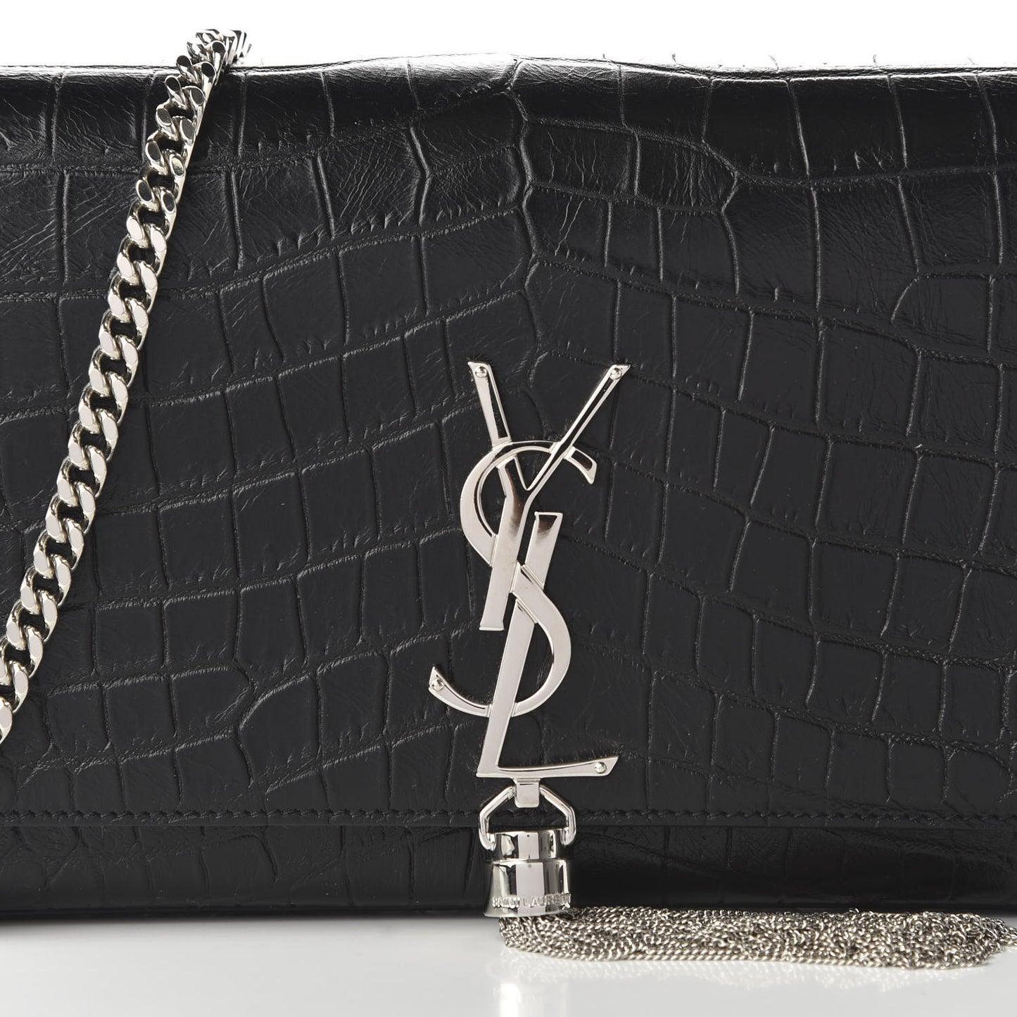 Calfskin Crocodile Embossed Medium Classic Monogram Kate Tassel Satchel Black