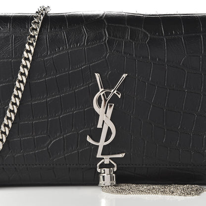 Saint Laurent Calfskin Crocodile Embossed Medium Classic Monogram Kate Tassel Satchel Black 9 of 10