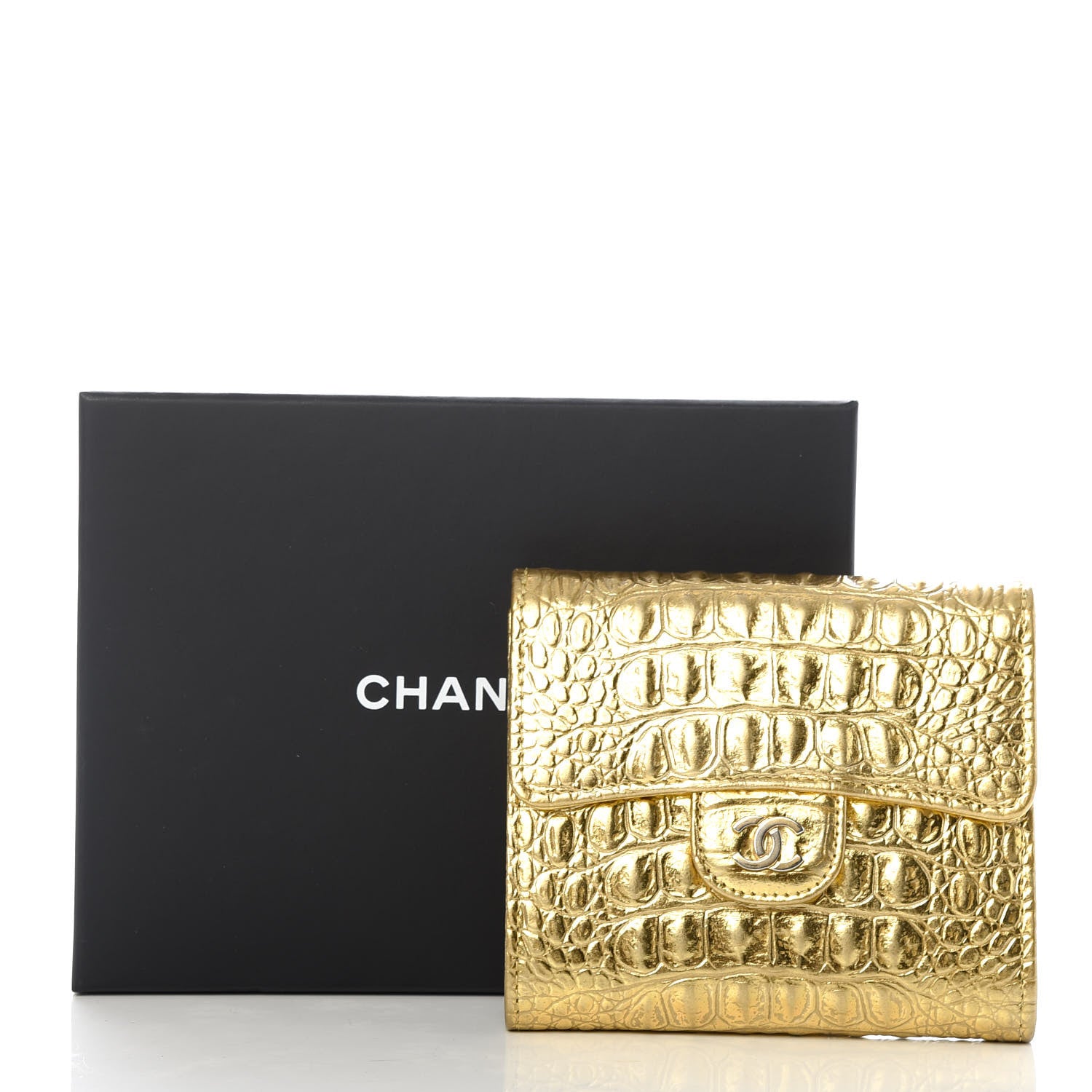 Chanel Metallic Calfskin Crocodile Embossed Cocodile Compact Flap Wallet Gold 7 of 7