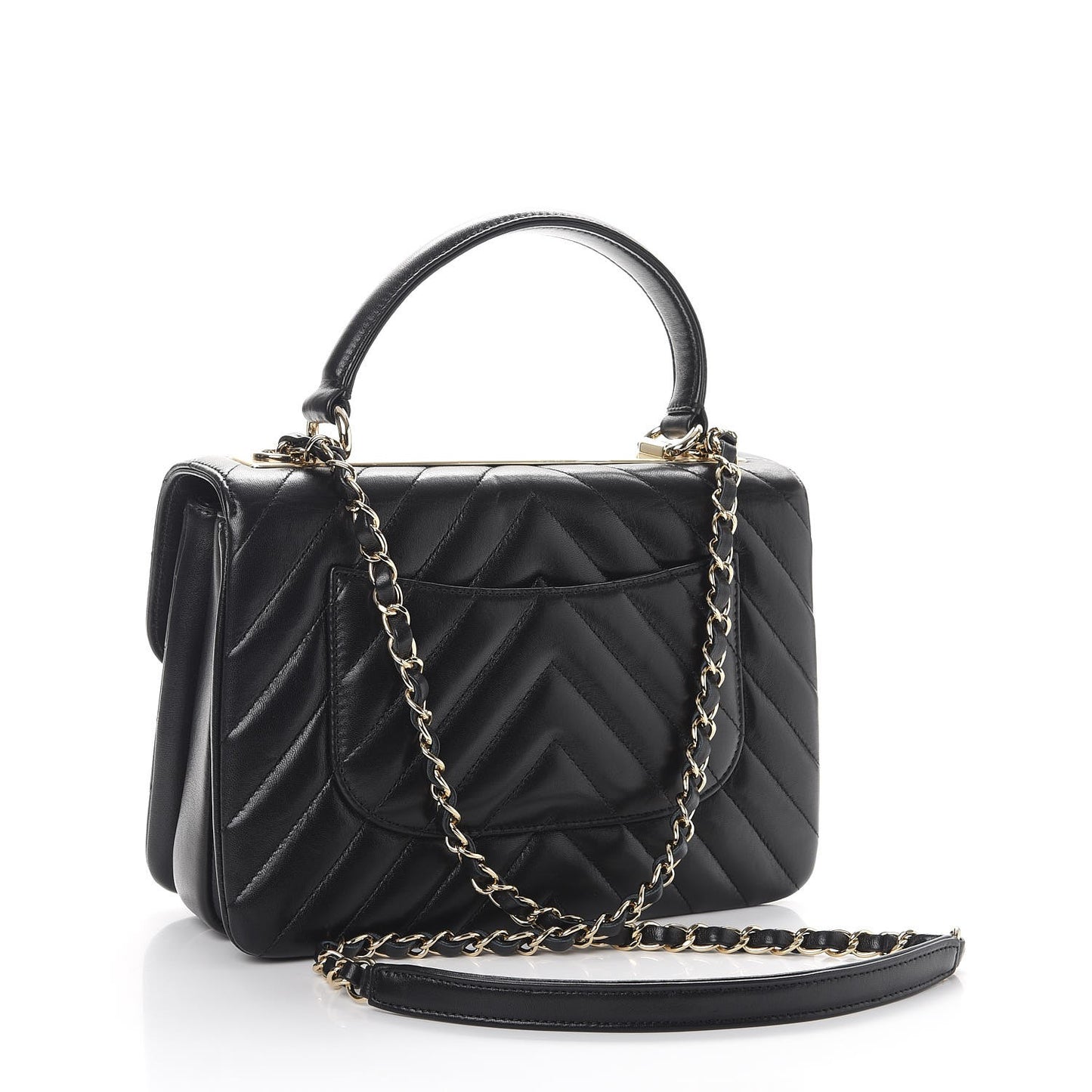 Lambskin Chevron Quilted Small Trendy CC Dual Handle Flap Bag Black