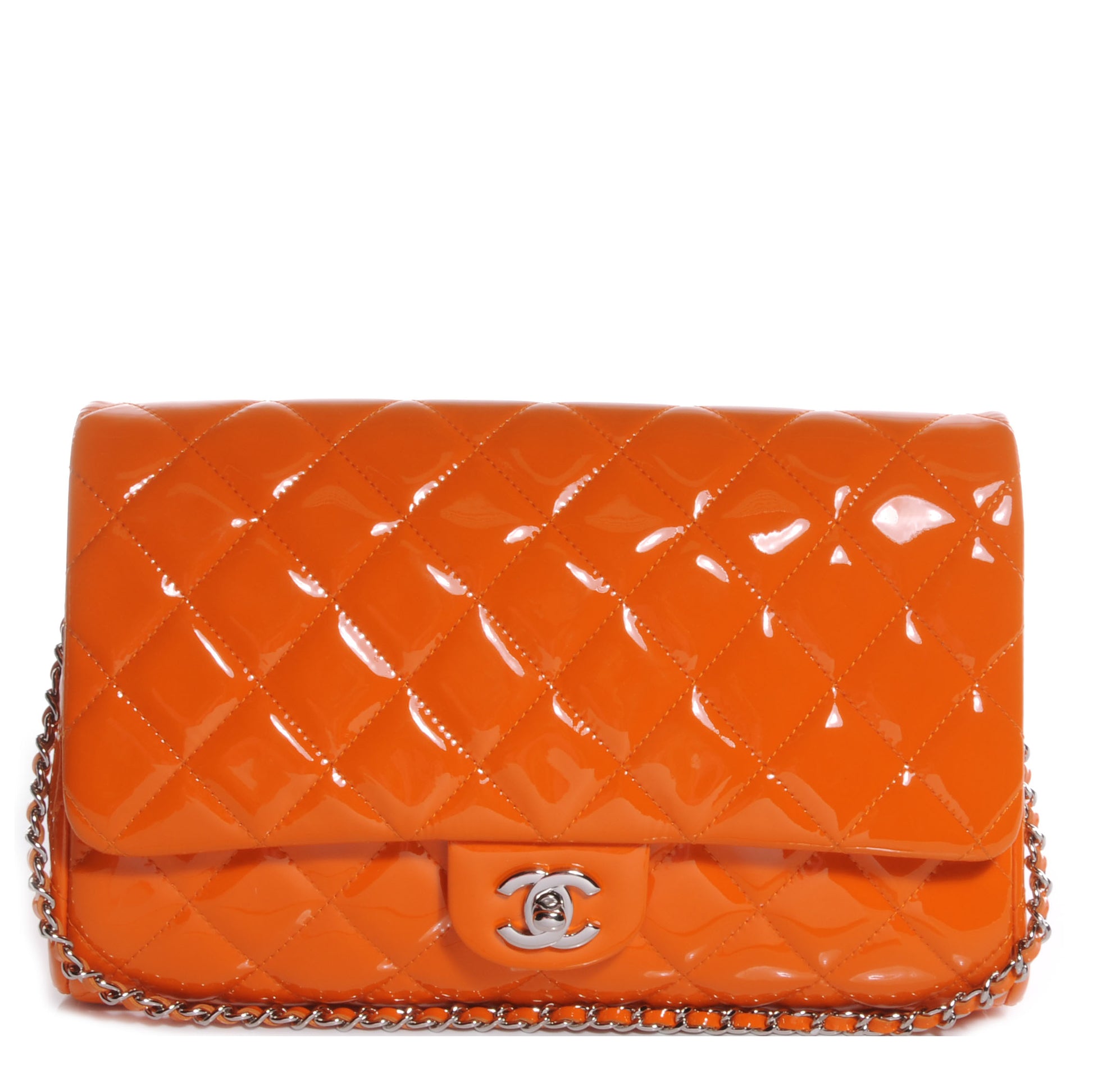 Chanel Patent Quilted Clutch Flap Orange 1 of 9