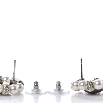 Chanel Crystal Pearl Bead CC Round Earrings Silver Black 3 of 4