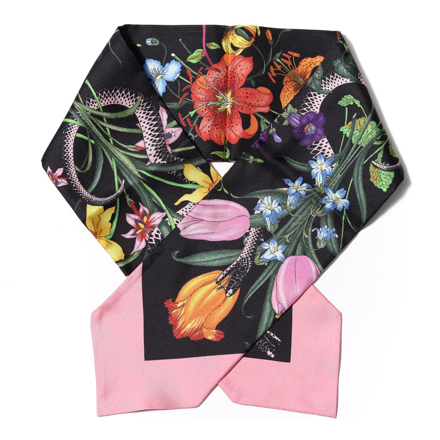 Gucci Silk Twill Flora Snake Neck Bow Scarf Black Pink 1 of 3