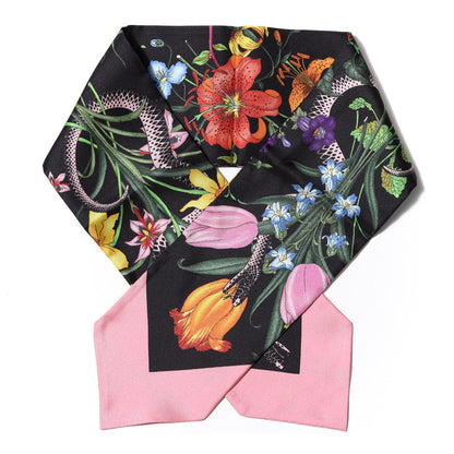 Gucci Silk Twill Flora Snake Neck Bow Scarf Black Pink 1 of 3