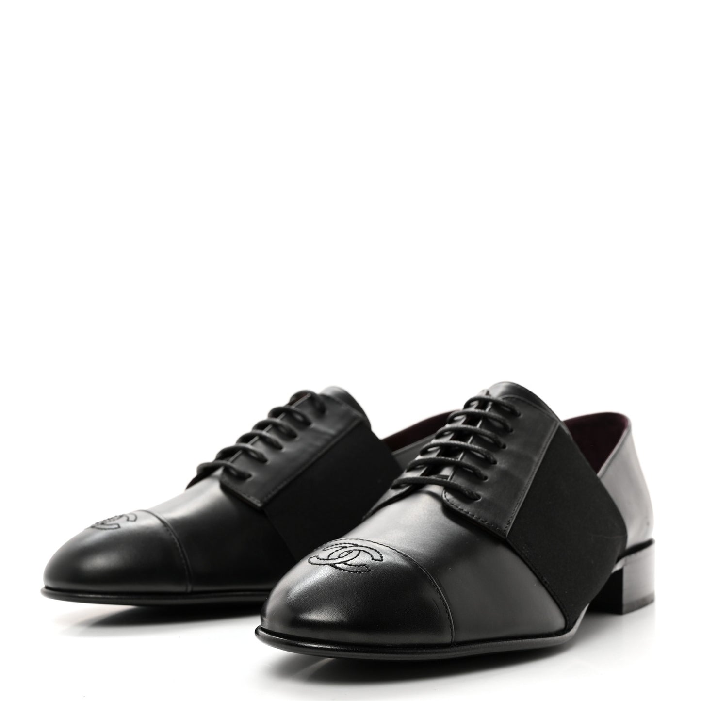 Calfskin Elastic Lace Up Cap Toe CC Loafers 38 Black